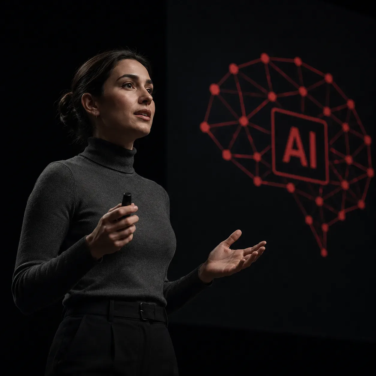 Presenter gesturing beside an AI network graphic on screen