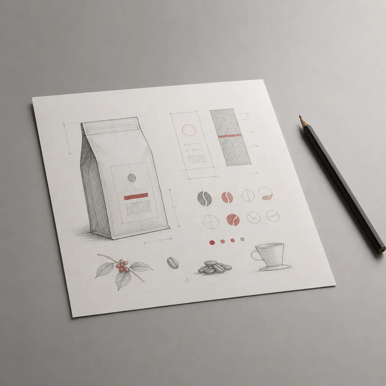 Designer sketching coffee bag packaging next to a finished black and red bag