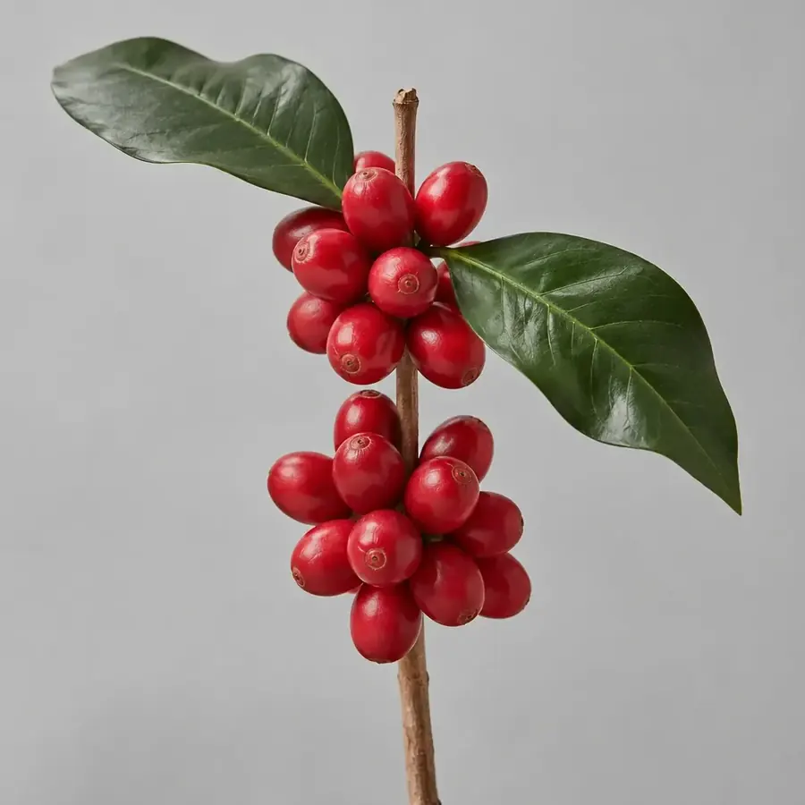 Ripe coffee cherries clustered on a branch