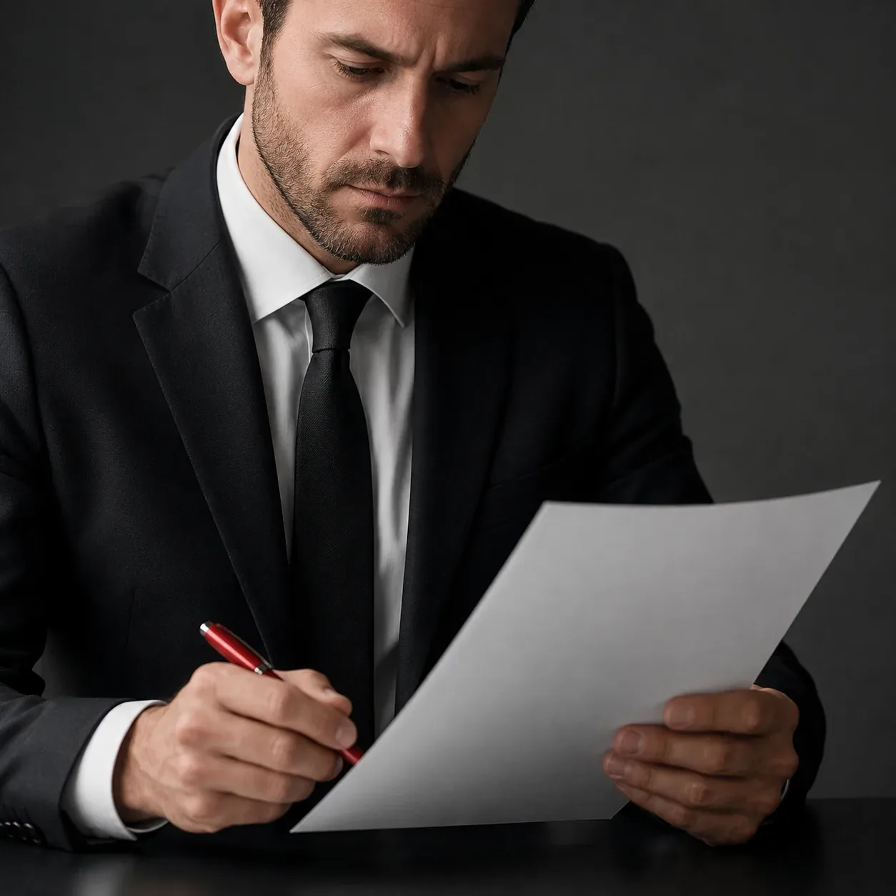 Man in a suit reviewing and signing a document
