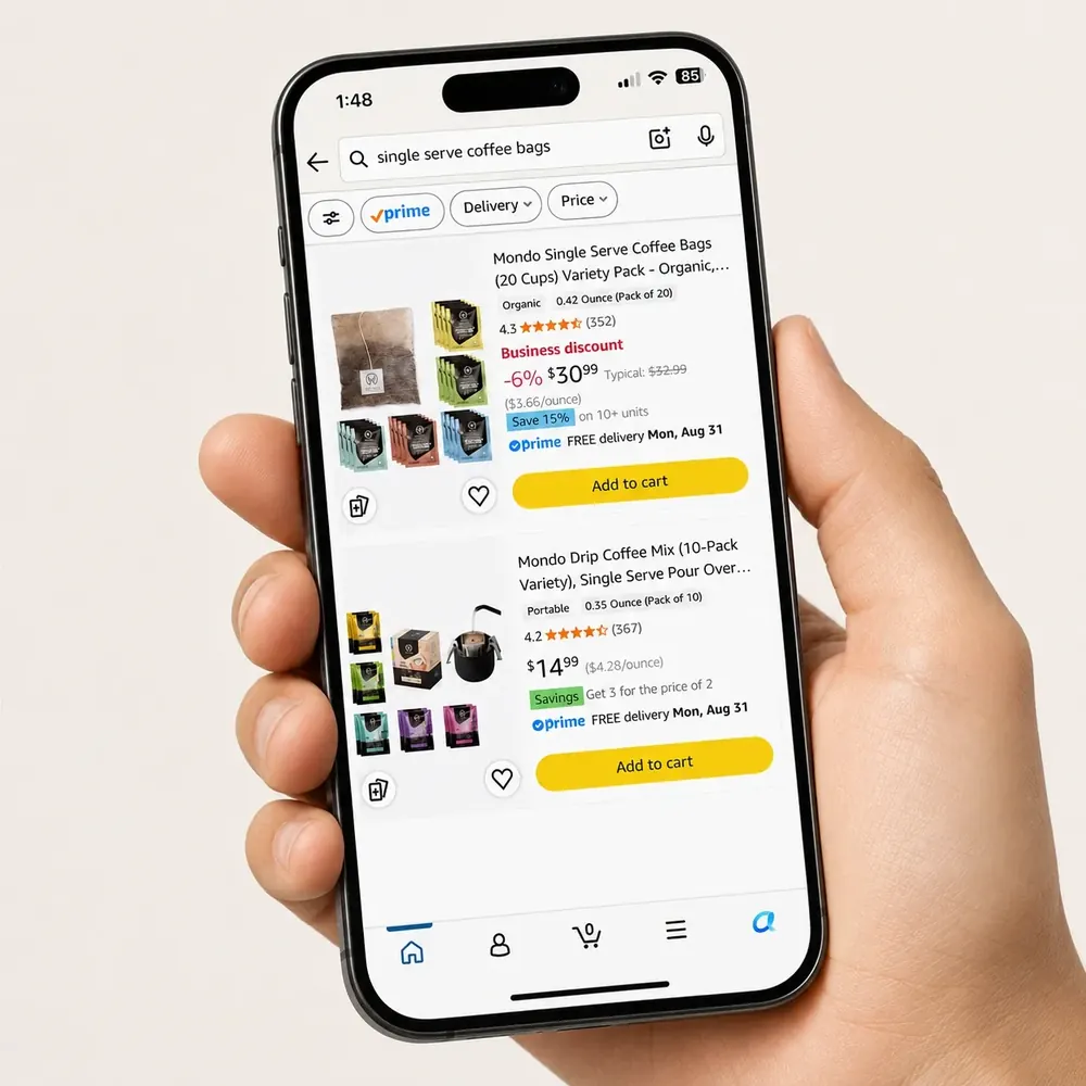 Mondo coffee bags shown in Amazon mobile search results