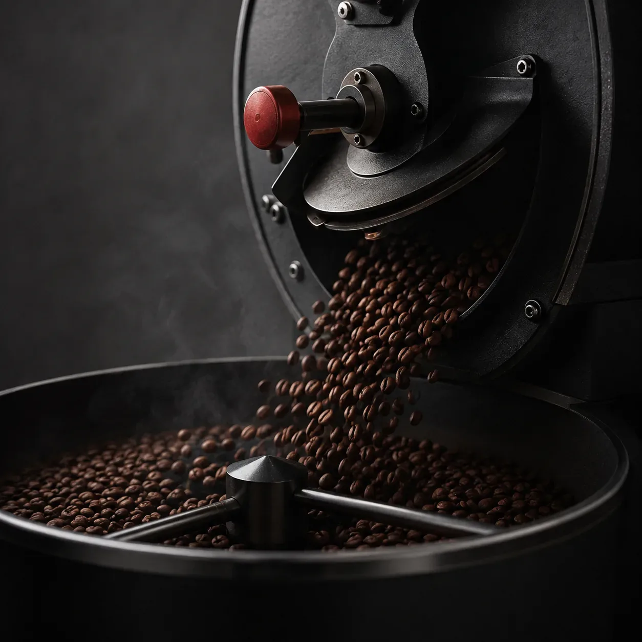 Freshly roasted coffee beans pouring from a roaster into a cooling tray