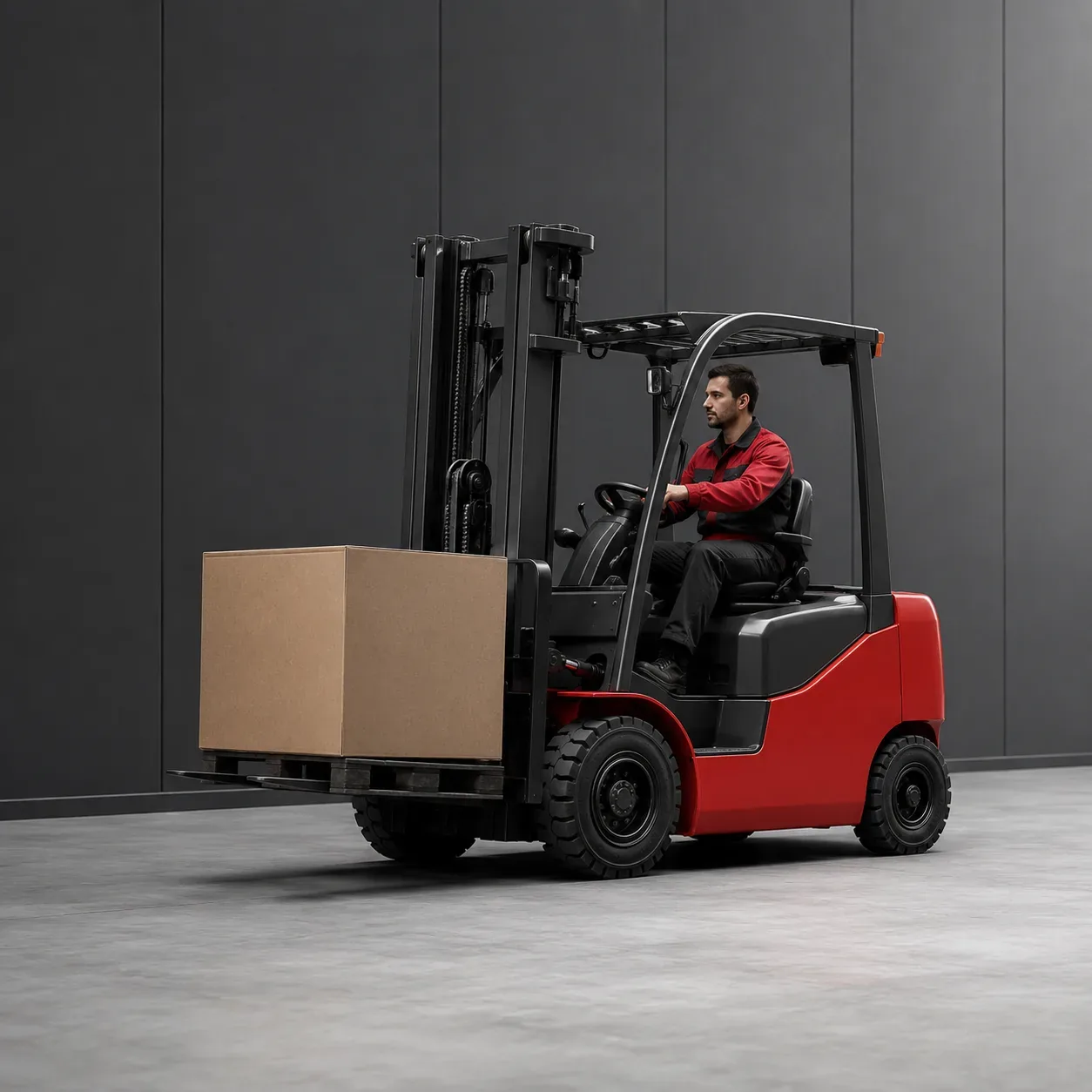 Forklift operator moving a palletized box in a warehouse