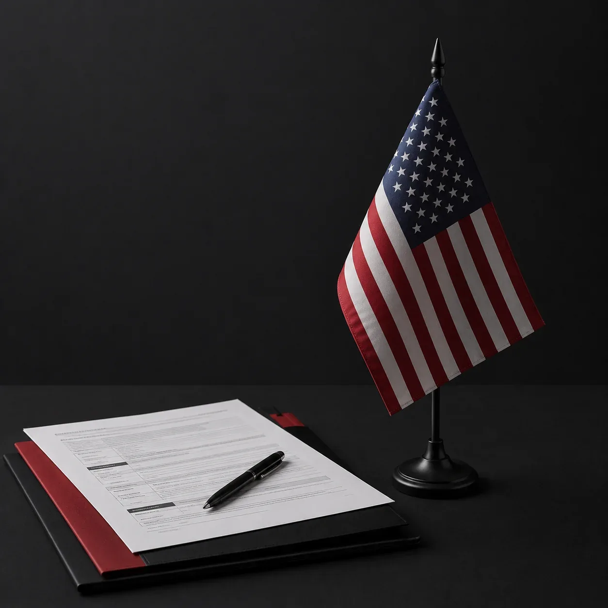 Signed customs paperwork on a clipboard beside a small American flag