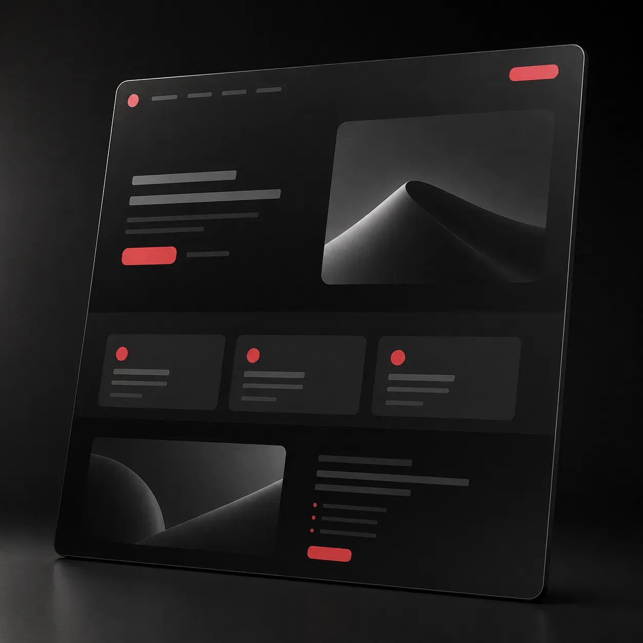 Dark-themed website design mockup with red accent highlights